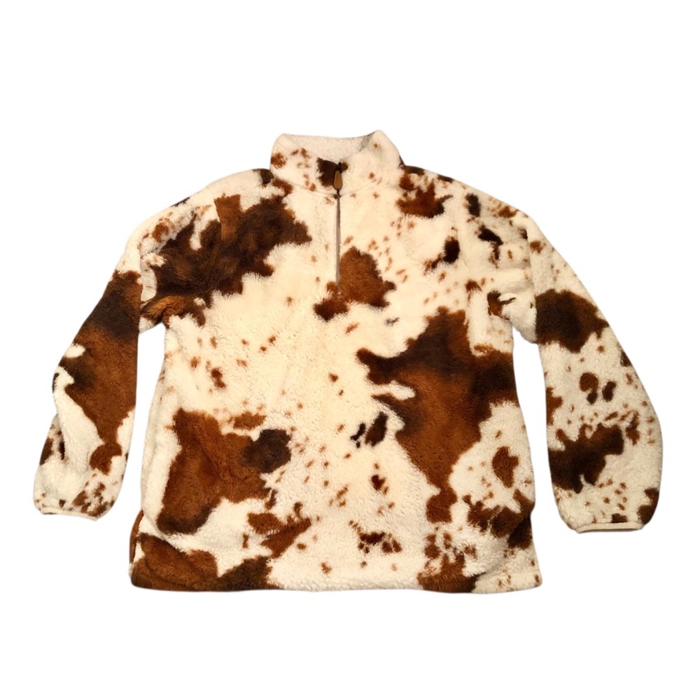 Cow Print 1/4 Zip Plush Fleece Pullover Top Size XL